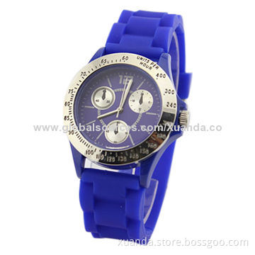 Man sports watch, metal bezel on case, soft silicone band, 3atm waterproof